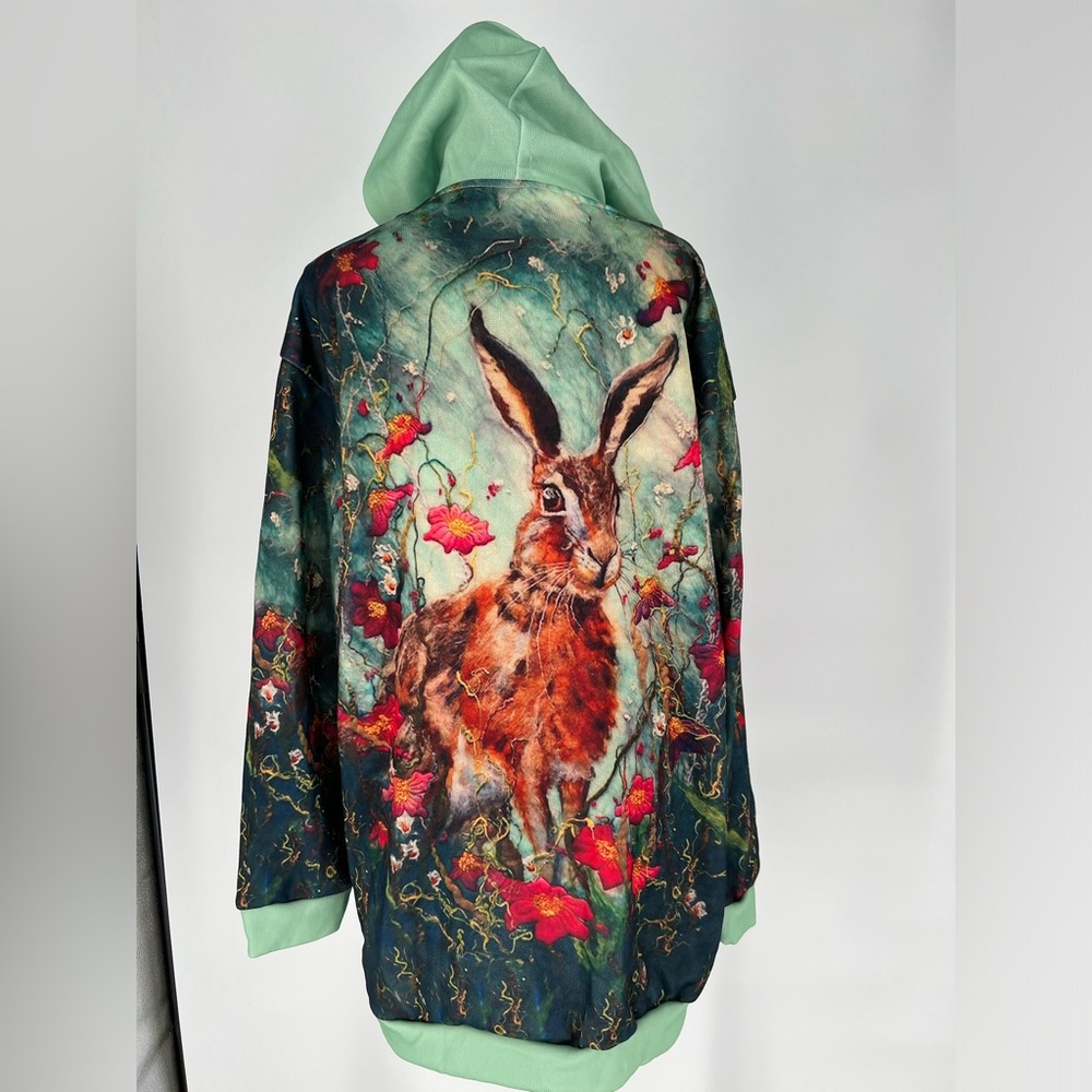NO BRAND, BUNNY RABBIT FLORAL GREEN BUTTON DOWN‎ HOODIE SIZE XXXL
